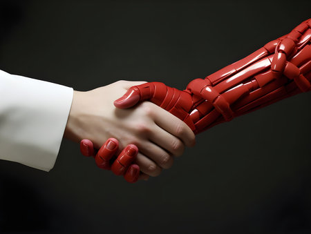 businessman wear white suit shaking hands with red hand of robot, close-up hand. successful, handshaking, after good deal. technology, future trendの素材