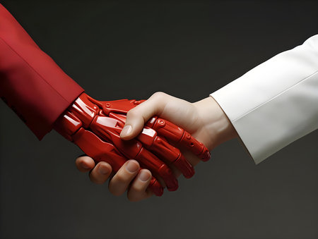 businessman wear white suit shaking hands with red hand of robot, close-up hand. successful, handshaking, after good deal. technology, future trendの素材
