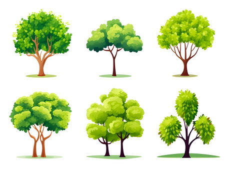 collection set of six green trees isolated on white background. illustration, generative aiの素材