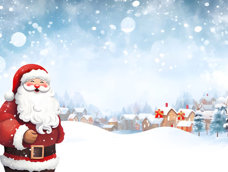 Santa claus and town with falling snow, copy space for Christmas and New Year holidays greeting card. background, winter seasonの素材