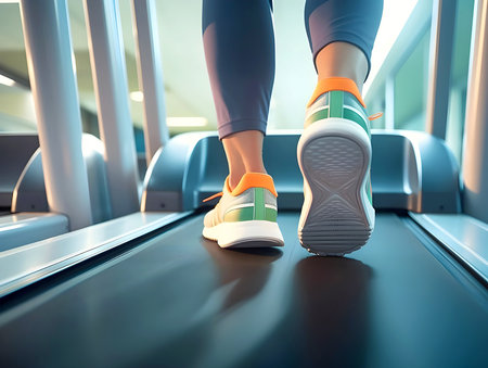 close up legs of human running on treadmill, workout in the morning time at fitness, gymの素材