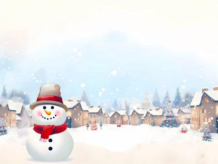 snowman and snow in little town, Christmas and New Year holidays background, Winter season, falling snow, Copy space for Christmas and New Year holidays greeting card.の素材