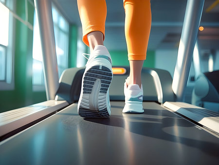 close up legs of human wear orange pants running on treadmill, workout in the morning time at fitness, gymの素材