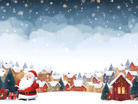 Santa claus and Snow in little town with shiny light for Christmas and New Year holidays background, Winter season, falling snow, Copy space for Christmas and New Year holidays greeting card.の素材