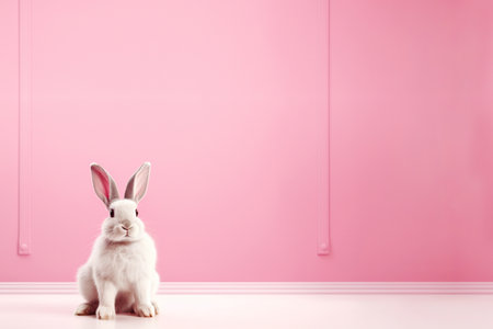 white rabbit sitting on pink background with copy space for textの素材