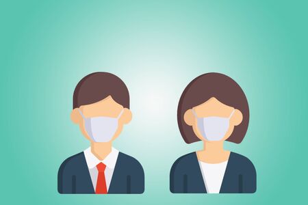 Men and women wear masks to close their nose on the green background.の写真素材