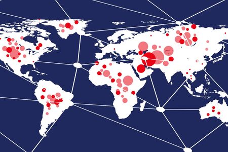 The concept of a virus outbreak on the world map spread around the world.の写真素材