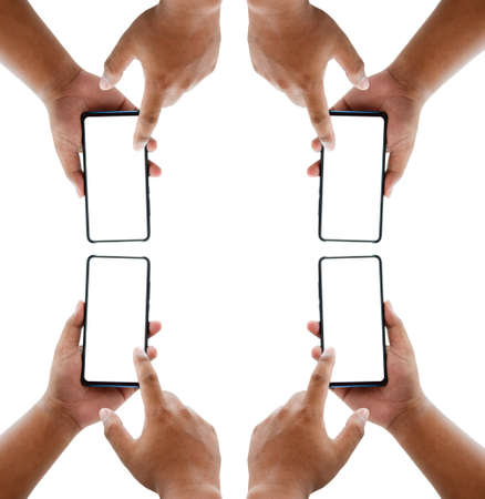 Hand pointing to four smartphone screen on white background.