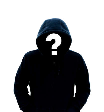A mysterious man wearing a hood does not see his face, has a white question mark on the hood: the...