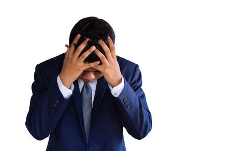 Businessman holding head from stress headache on white background with clipping pathの写真素材