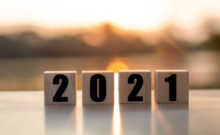 Happy New Year concept, numbers 2021 on wooden cubesの写真素材