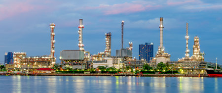 Exterior view of an oil refinery located on the riverのeditorial素材
