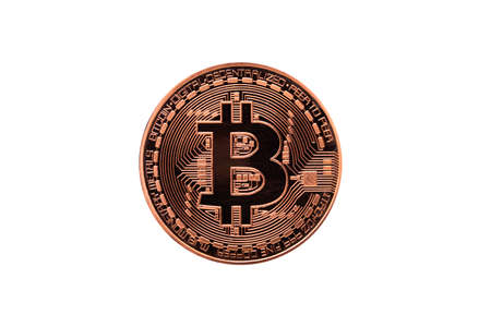 Copper bitcoin on a white backgroundの写真素材