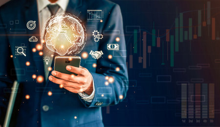 business people using smart phones using technology analysis business finance Global Internet Connectivity Technology & Digital Marketing, Finance & Banking Stocks, Digital Link Technology,の写真素材