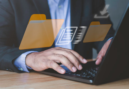 To upload copy documents from folder to new folder. files containing data sheets Data transfer backup, file sharing, document transfer concept.の写真素材