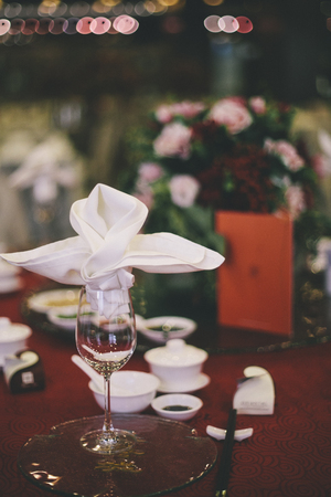 Wine glass with tableware decorationの写真素材