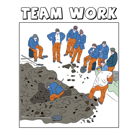 Illustration with a team of workers of which only one worksの写真素材