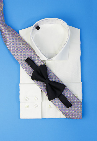 Elegant white shirt for men with black bow and tieの写真素材