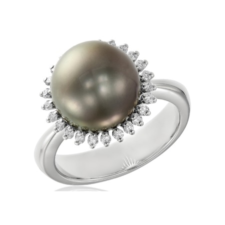 Jewelry ring with pearl and diamonds on white background. isolatedの写真素材