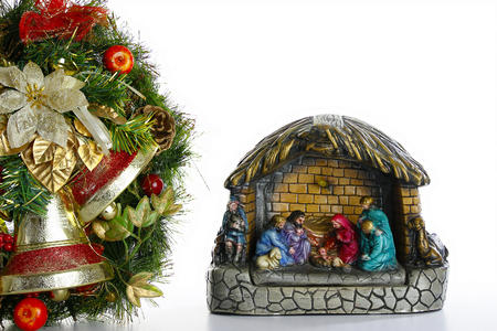 Wreath and Nativity scene isolate on white backgroundの写真素材