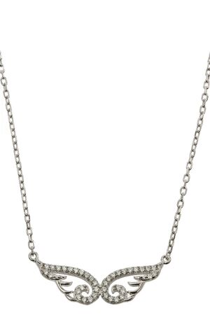 Silver jewelry chain with pendant on white backgroundの写真素材