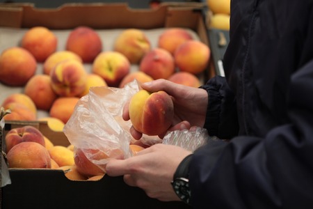 A seller who chooses fruits / vegetables in the supermarketの写真素材