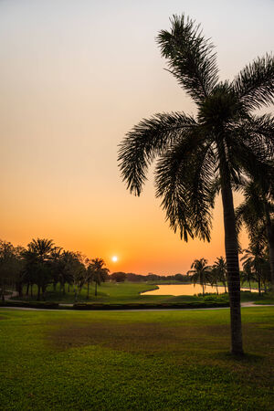 Beautiful golf course during sunsetの写真素材