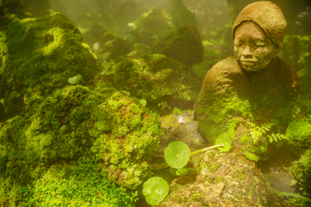 japanese woman sculpture in cold mossy gardenの写真素材