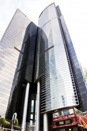 May 2011, Hong Kong - A tram carrying tourists and other passengers heading towards The Peak, passing by Citibank Plaza & ICBC Tower.のeditorial素材