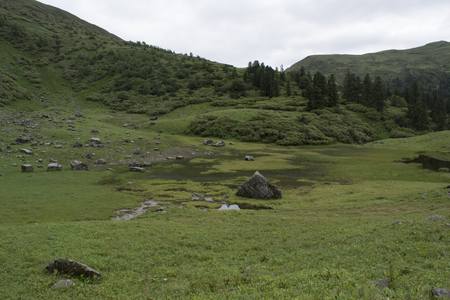 drying lake in mountain meadowの写真素材