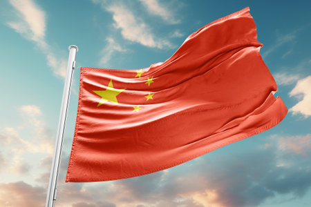 China Flag waving in the cloudy sky, 3D Rendered Image in high qualityの写真素材