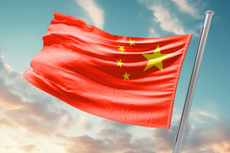 Chinese Flag waving in the cloudy sky, 3d render, isolated in high qualityの写真素材