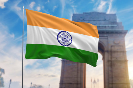 India flag waving in the wind against the background of the National Monument. 3D Renderingの写真素材