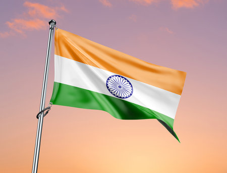India flag waving in the cloudy sky, 3d render, isolatedの写真素材