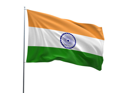 National flag of India on a flagpole fluttering in the wind on a white background. 3Drendering.の写真素材