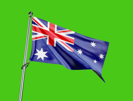 Australia flag waving in the wind isolated on green background. 3D rendering.の写真素材