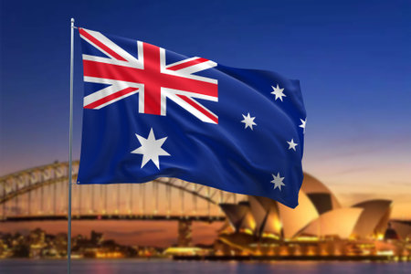 Australia flag with Sydney Opera House and Sydney Harbour Bridge at sunset, Australiaの写真素材