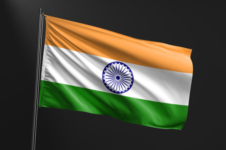 India flag on flagpole, dark background. 3D rendering.の写真素材