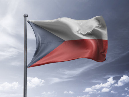 Czech Republic flag waving in the cloudy sky 3D illustration.の写真素材