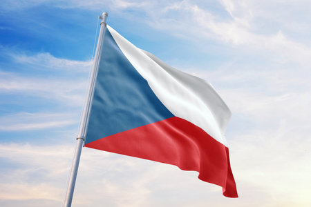 Czech Republic flag on blue sky (high resolution 3D image)の写真素材