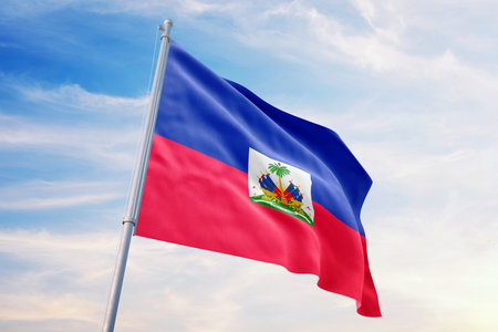 Haiti flag on blue sky (high resolution 3D image)の写真素材