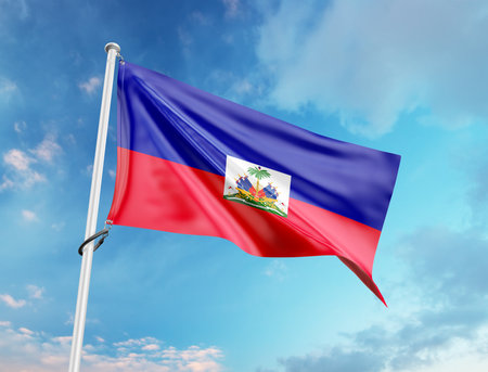 Haiti flag waving in the cloudy sky 3D illustration.の写真素材