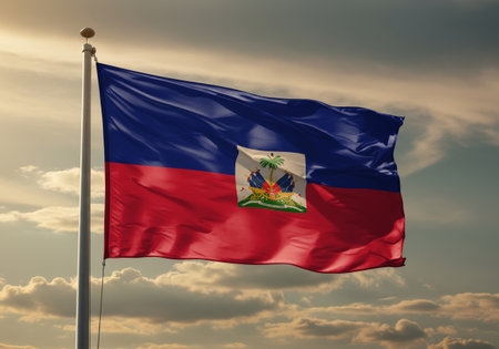 Haiti flag waving in the wind against blue sky with cloudsの写真素材