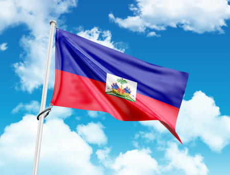 Haiti flag waving in the blue sky with clouds 3D illustrationの写真素材
