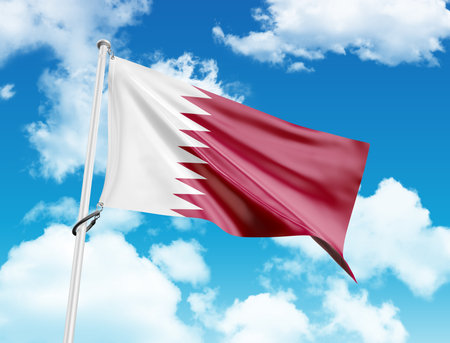 Qatar flag waving in the blue cloudy sky 3D illustration.の写真素材