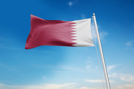 Qatar Flag On Flagpole In The Blue Sky 3D Illustrationの写真素材