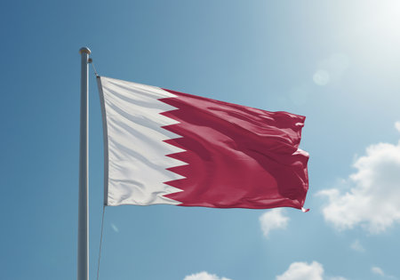 Qatar flag waving in the wind against blue sky. 3d renderingの写真素材