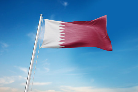 Qatar Flag On The Flagpole In The Blue Sky 3D Illustrationの写真素材