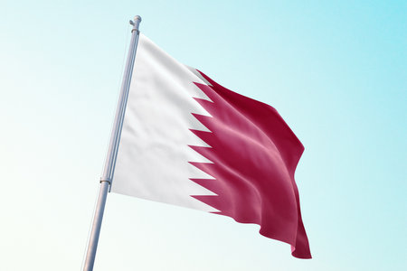 Qatar flag on blue sky background, close up, 3D renderingの写真素材