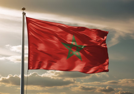 Morocco flag waving in the wind against blue sky with cloudsの写真素材